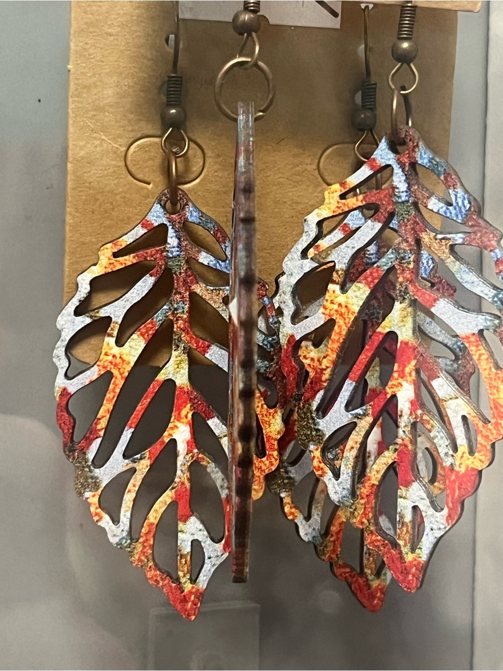 Handcrafted Leaf Drop Earrings in Red, Orange & Silver